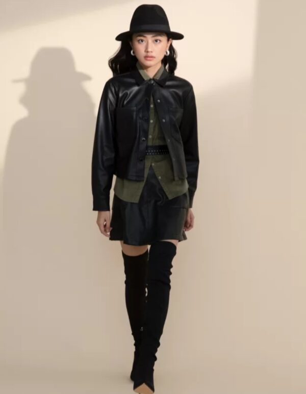 Women’s Cropped Leather Shacket – Genuine Leather Shirt Jacket with Button Closure & Pockets - Image 2