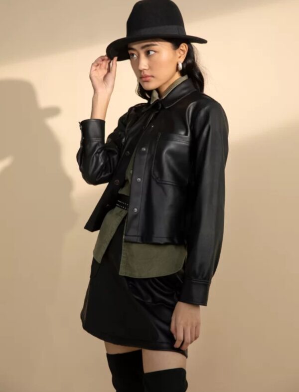 Women’s Cropped Leather Shacket – Genuine Leather Shirt Jacket with Button Closure & Pockets - Image 4