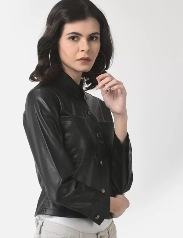 Women’s Cropped Leather Shacket – Genuine Leather Shirt Jacket with Button Closure & Pockets - Image 6