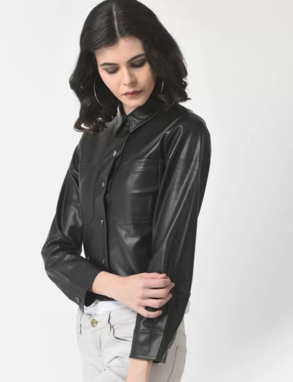 Women’s Cropped Leather Shacket – Genuine Leather Shirt Jacket with Button Closure & Pockets - Image 7