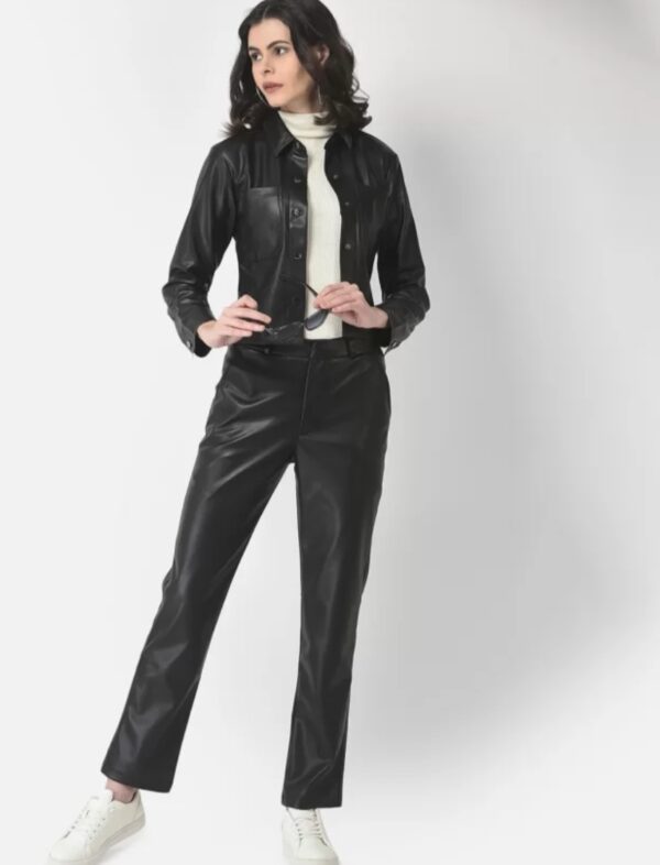 Women’s Cropped Leather Shacket – Genuine Leather Shirt Jacket with Button Closure & Pockets - Image 9
