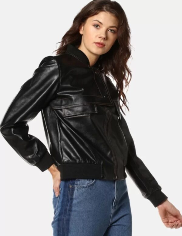 Women’s Custom Leather Bomber Jacket – Premium Windcheater Style with Tailored Fit & Luxe Details - Image 3