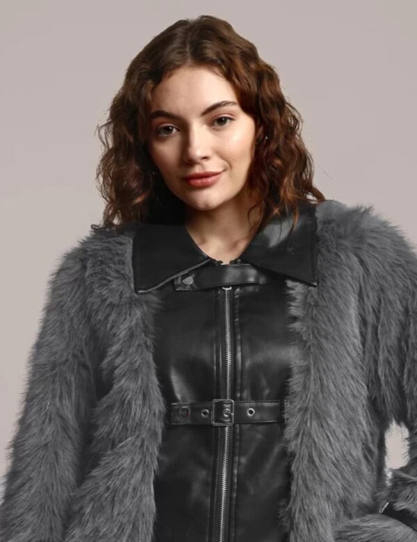 Women longline Leather jacket with faux fur - Image 2