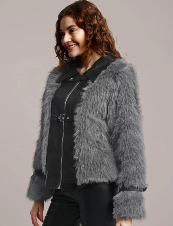 Women longline Leather jacket with faux fur - Image 3