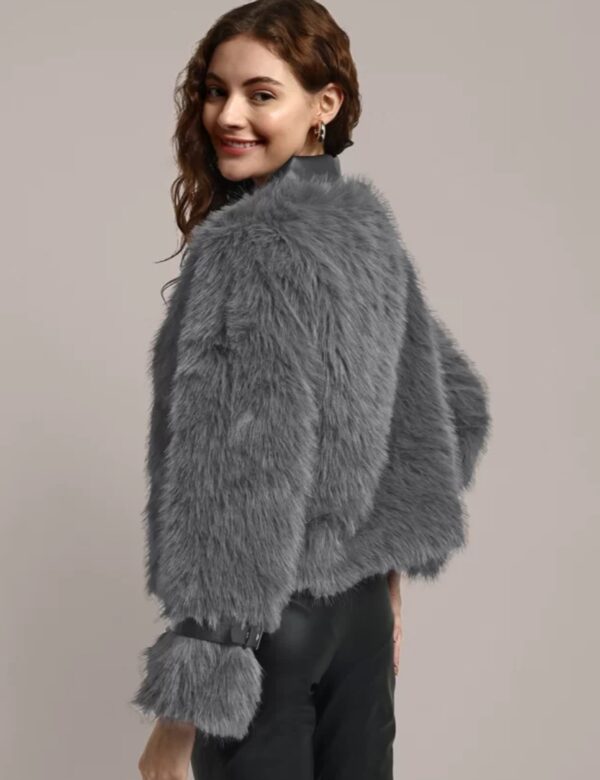 Women longline Leather jacket with faux fur - Image 4