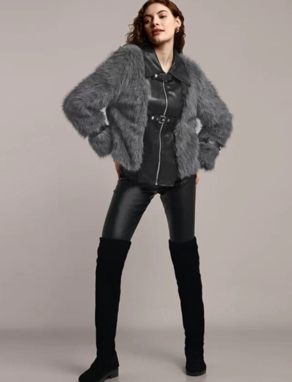 Women longline Leather jacket with faux fur - Image 5
