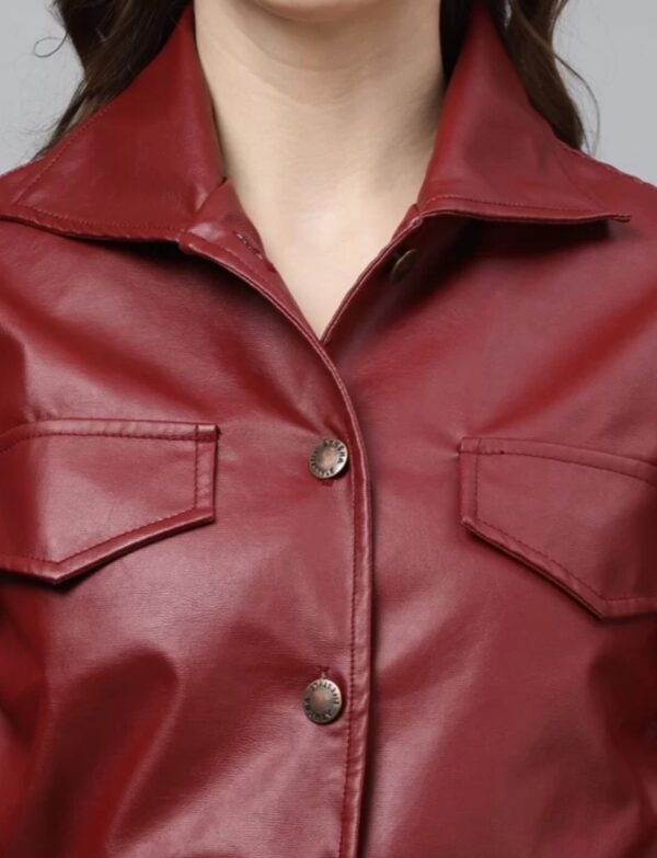 Women’s Maroon Flowy Leather Jacket – Adjustable Waist, Classic Button Closure & Elegant Silhouette - Image 2
