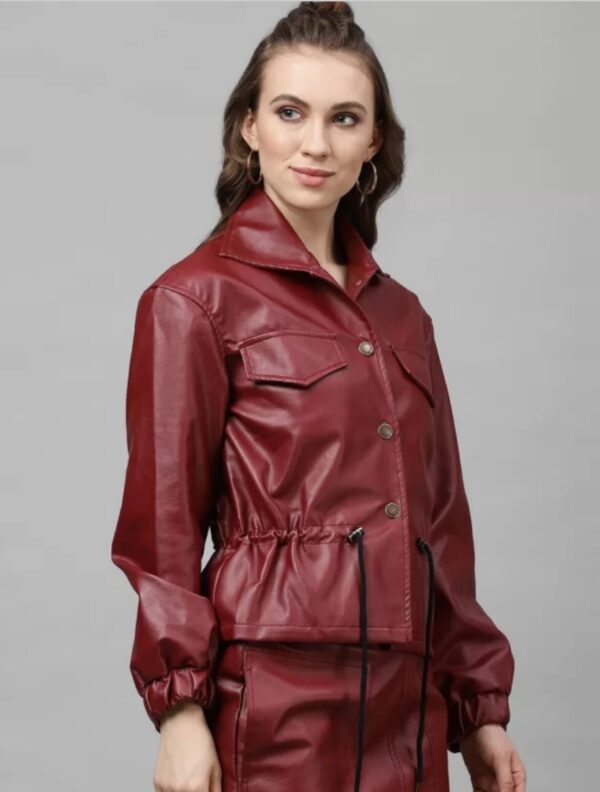 Women’s Maroon Flowy Leather Jacket – Adjustable Waist, Classic Button Closure & Elegant Silhouette - Image 3