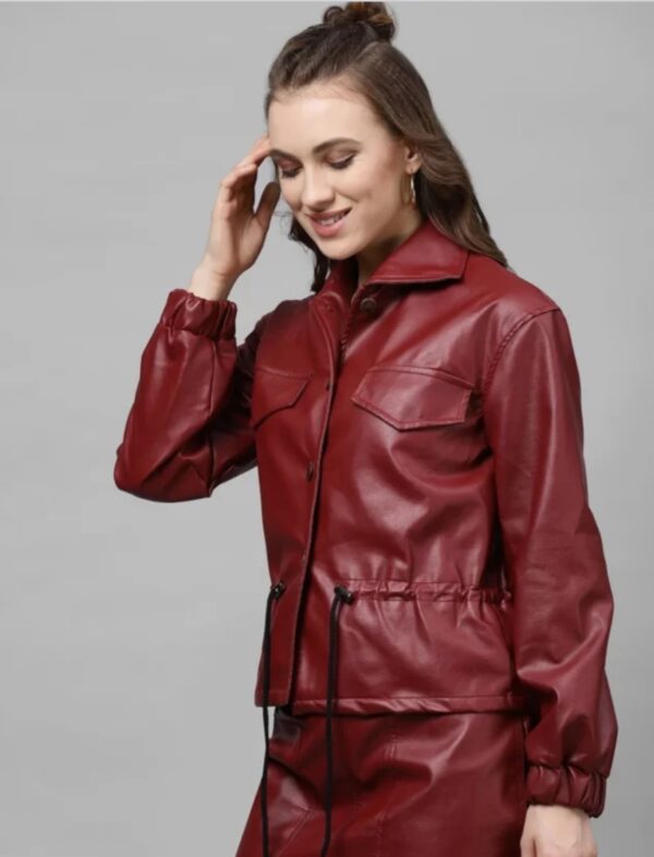 Women’s Maroon Flowy Leather Jacket – Adjustable Waist, Classic Button Closure & Elegant Silhouette - Image 4