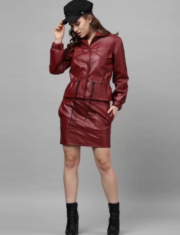 Women’s Maroon Flowy Leather Jacket – Adjustable Waist, Classic Button Closure & Elegant Silhouette - Image 5
