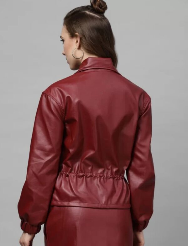 Women’s Maroon Flowy Leather Jacket – Adjustable Waist, Classic Button Closure & Elegant Silhouette - Image 6
