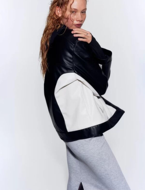 Women's Colorblock Biker Leather Jacket - Image 2