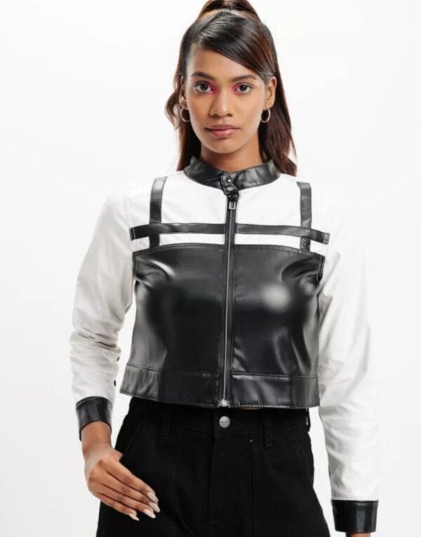 Colorblocked Crop Leather Jacket