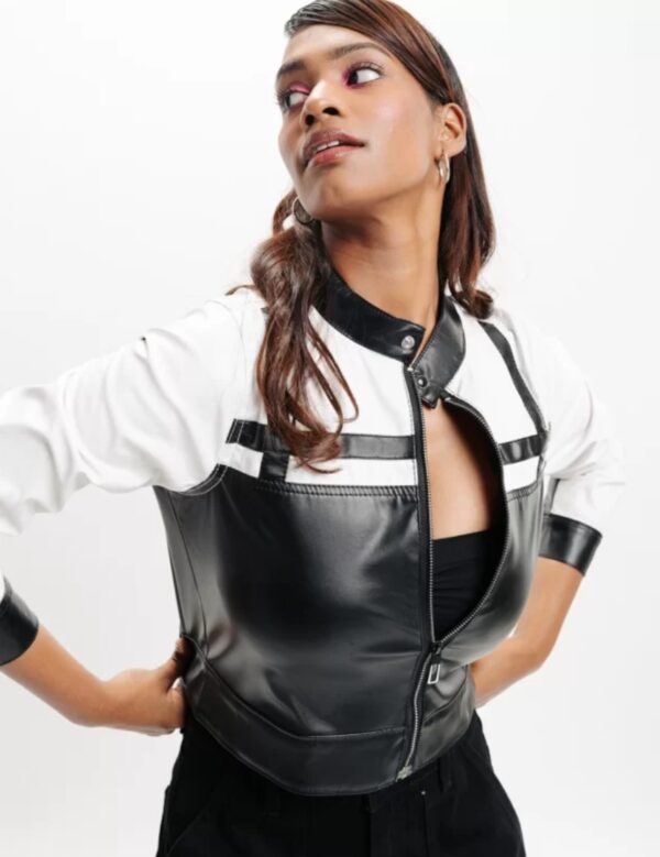 Women’s Colorblocked Cropped Leather Jacket – Premium Designer Fit with Snap Cuffs & Bold Contrast - Image 4