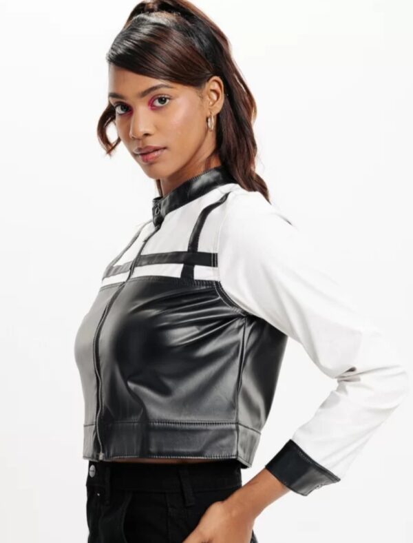 Women’s Colorblocked Cropped Leather Jacket – Premium Designer Fit with Snap Cuffs & Bold Contrast - Image 5