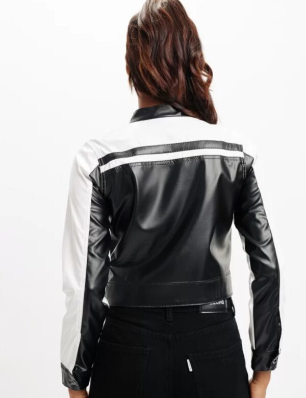 Women’s Colorblocked Cropped Leather Jacket – Premium Designer Fit with Snap Cuffs & Bold Contrast - Image 3