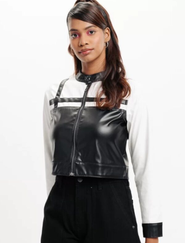 Women’s Colorblocked Cropped Leather Jacket – Premium Designer Fit with Snap Cuffs & Bold Contrast - Image 2