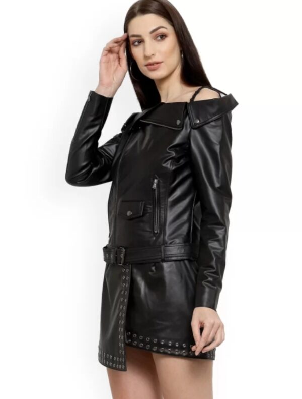 Women’s Leather Jacket Dress – Grey Napa Leather with Chain Closure & Biker Collar - Image 2