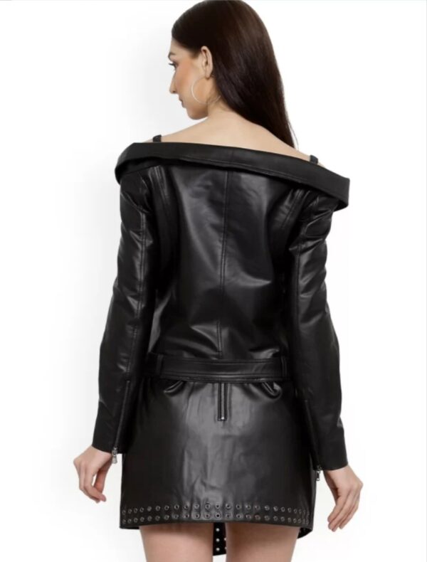 Women’s Leather Jacket Dress – Grey Napa Leather with Chain Closure & Biker Collar - Image 3