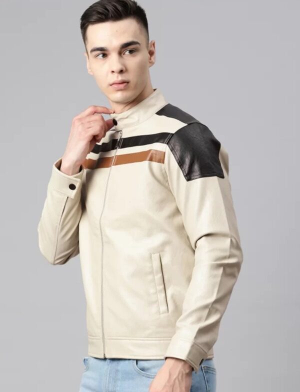 Men's Beige Striped Leather Jacket, racer jacket - Image 2