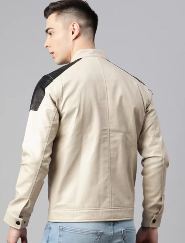 Men's Beige Striped Leather Jacket, racer jacket - Image 3
