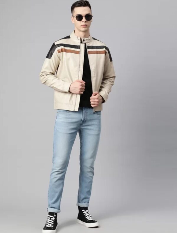 Men's Beige Striped Leather Jacket, racer jacket - Image 4
