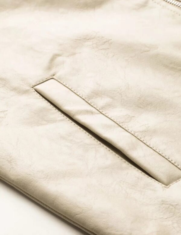 Men's Beige Striped Leather Jacket, racer jacket - Image 5