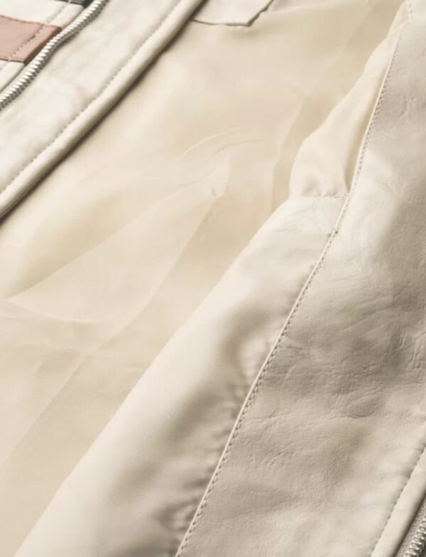 Men's Beige Striped Leather Jacket, racer jacket - Image 6