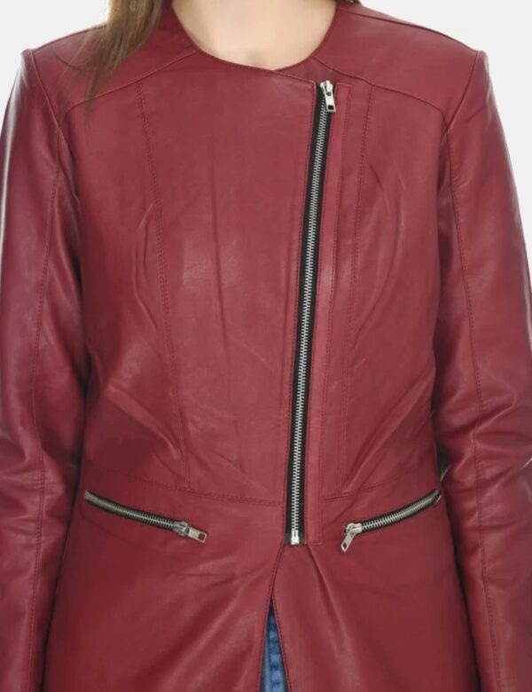 Women’s Longline Leather Jacket – Opulent Elegance in Custom Napa Leather with Biker Lapels & Chain Details - Image 2