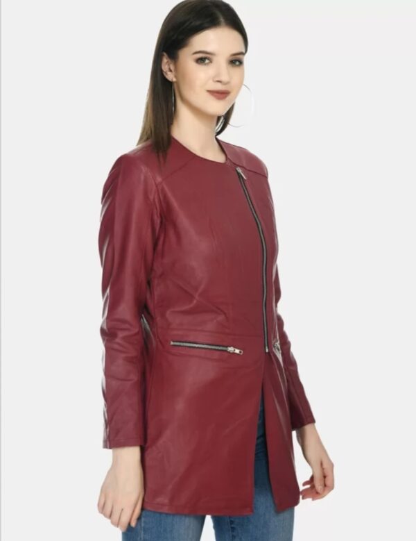 Women’s Longline Leather Jacket – Opulent Elegance in Custom Napa Leather with Biker Lapels & Chain Details - Image 3