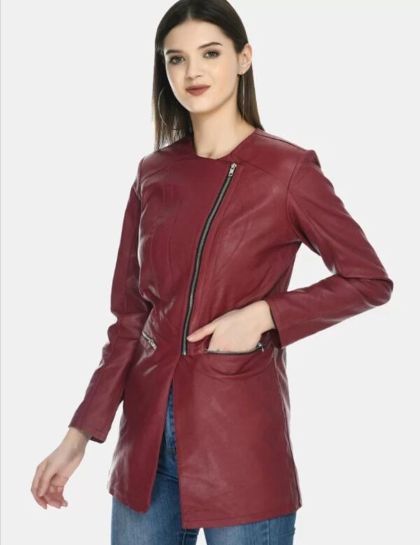 Women’s Longline Leather Jacket – Opulent Elegance in Custom Napa Leather with Biker Lapels & Chain Details - Image 4