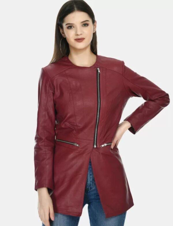 Women’s Longline Leather Jacket – Opulent Elegance in Custom Napa Leather with Biker Lapels & Chain Details - Image 6