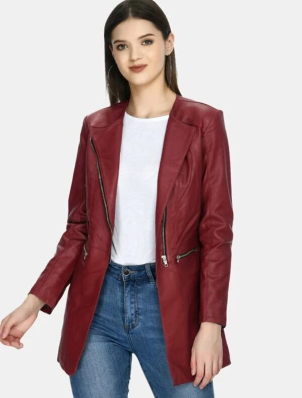 Women’s Longline Leather Jacket – Opulent Elegance in Custom Napa Leather with Biker Lapels & Chain Details - Image 7