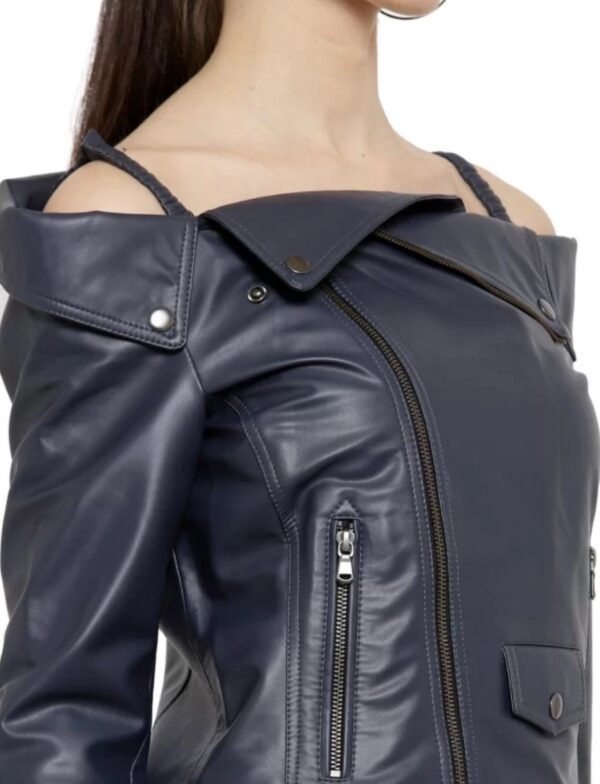 Women’s Grey Leather Jacket Dress – Versatile Napa Leather with Chain Closure & Biker Collar - Image 3
