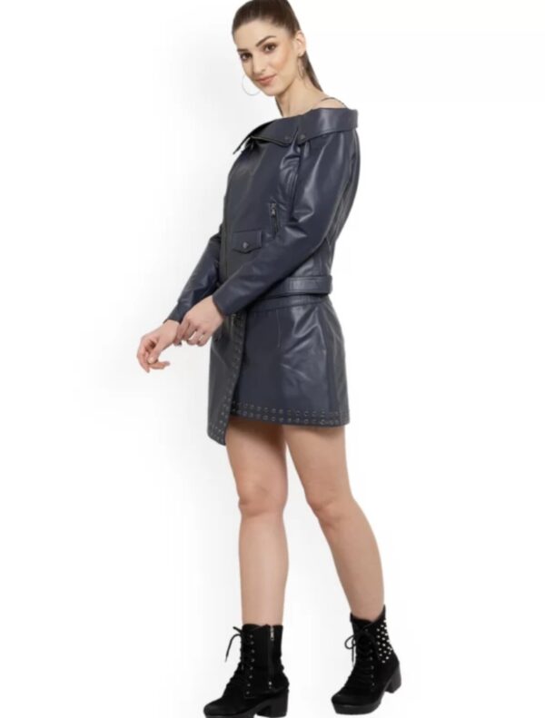 Women’s Grey Leather Jacket Dress – Versatile Napa Leather with Chain Closure & Biker Collar - Image 5