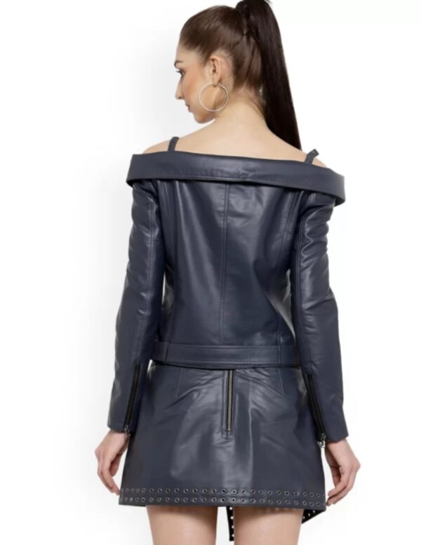 Women’s Grey Leather Jacket Dress – Versatile Napa Leather with Chain Closure & Biker Collar - Image 4