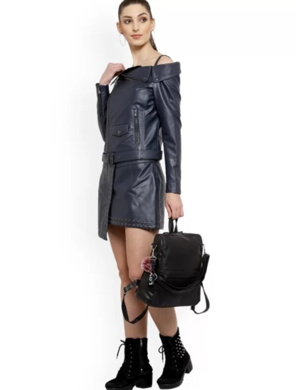 Women’s Grey Leather Jacket Dress – Versatile Napa Leather with Chain Closure & Biker Collar - Image 2