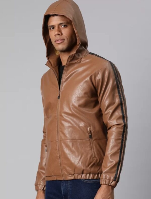 Men's Tan Napa Leather Hoodie with Sportsman Stripes - Image 2