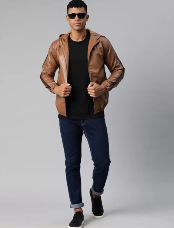 Men's Tan Napa Leather Hoodie with Sportsman Stripes - Image 4