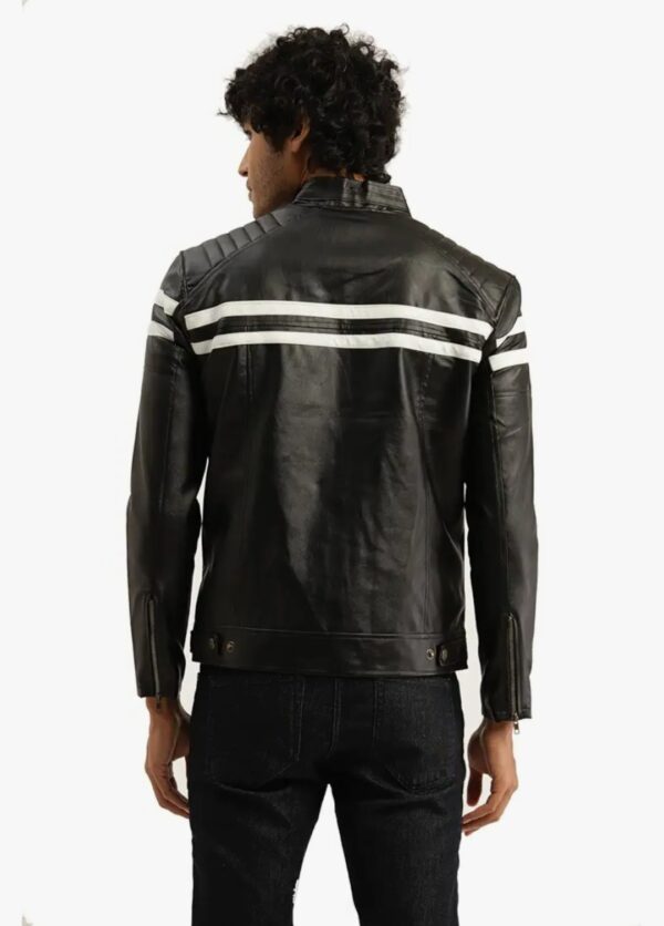 Urban Racer Leather Jacket for Men – White Stripe Detail, Soft Fur Lining, Bold Elegance - Image 3