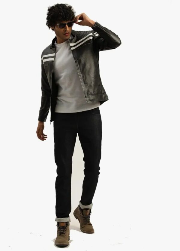 Urban Racer Leather Jacket for Men – White Stripe Detail, Soft Fur Lining, Bold Elegance - Image 2