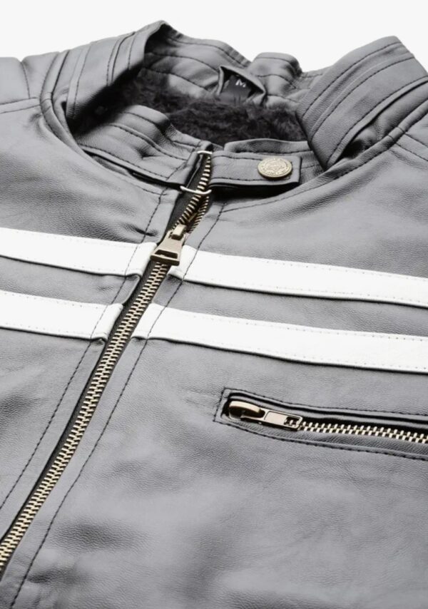 Urban Racer Leather Jacket for Men – White Stripe Detail, Soft Fur Lining, Bold Elegance - Image 4