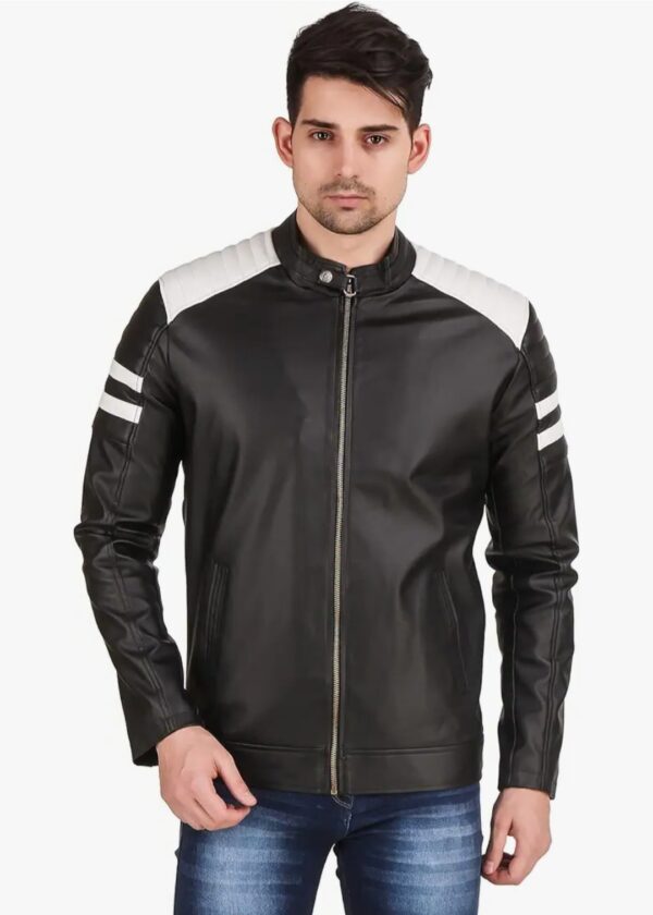 Men's Black Leather Jacket with White Inserts: A Bold Statement - Image 2