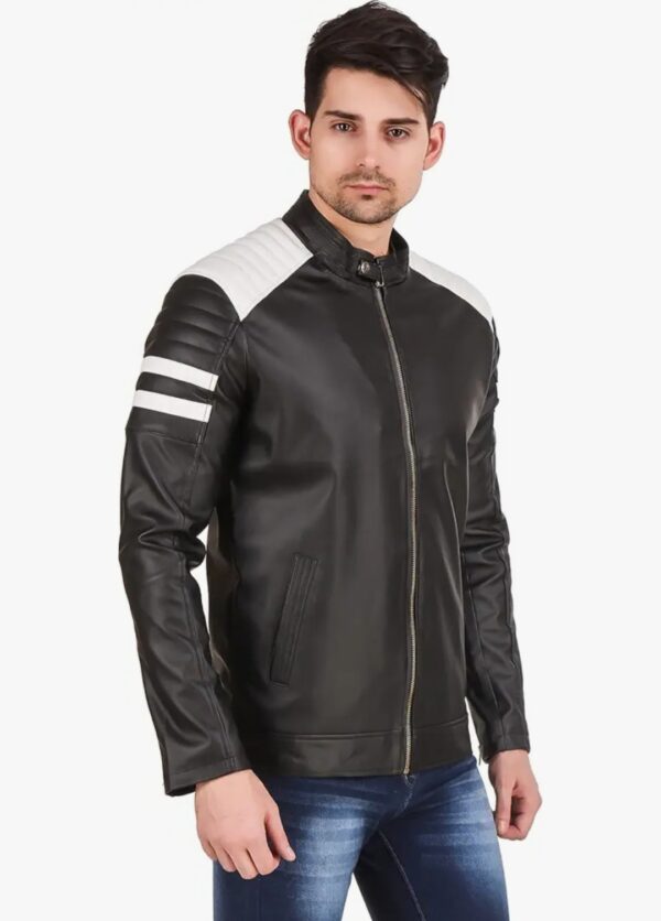 Men's Black Leather Jacket with White Inserts: A Bold Statement - Image 3