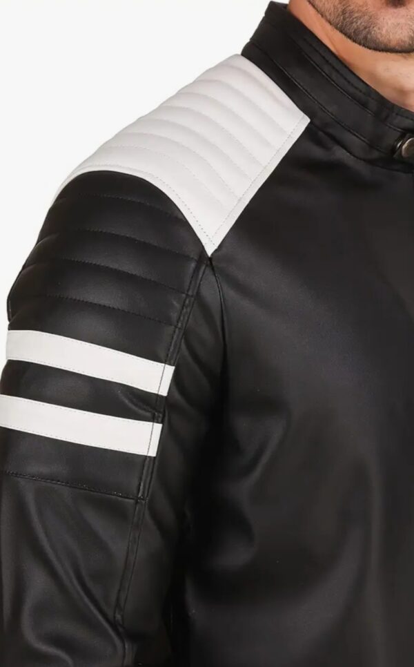 Men's Black Leather Jacket with White Inserts: A Bold Statement - Image 5