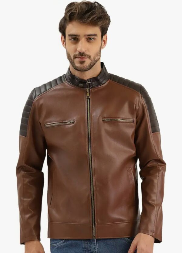 Men’s Brown Leather Jacket – Black Inserts & Quilted Detail - Image 2