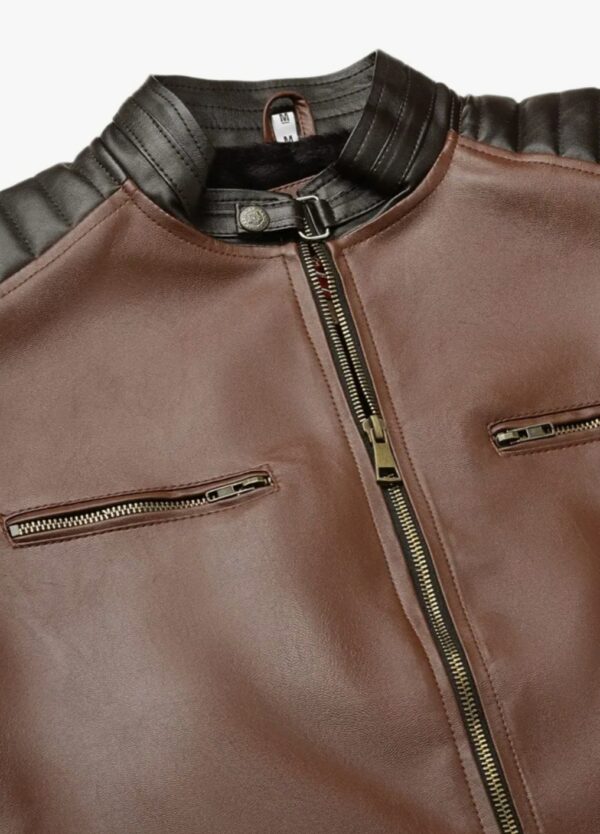 Men’s Brown Leather Jacket – Black Inserts & Quilted Detail - Image 4