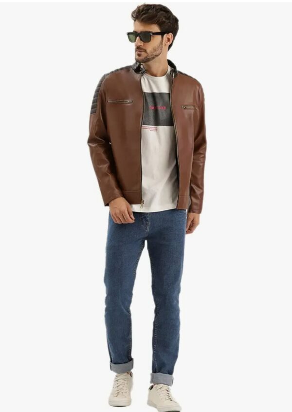 Men’s Brown Leather Jacket – Black Inserts & Quilted Detail - Image 5