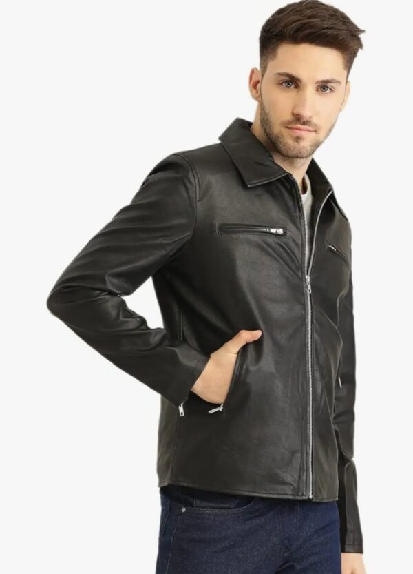 Men’s Classic Black Leather Motorcycle Jacket – Premium Cowhide with YKK Zippers & Multiple Pockets - Image 2