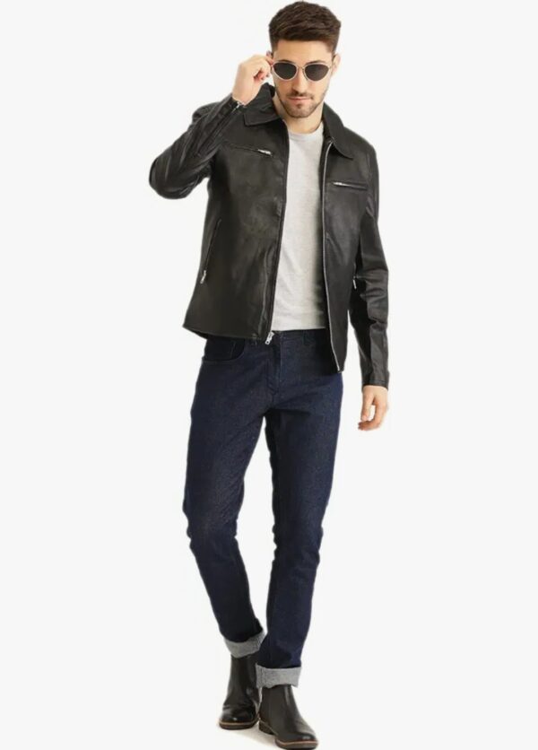 Men’s Classic Black Leather Motorcycle Jacket – Premium Cowhide with YKK Zippers & Multiple Pockets - Image 4